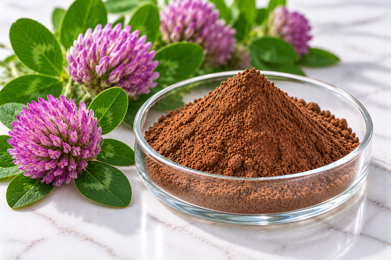 Red Clover Extract Red Clover Extract brown powder in a glass dish with purple-red clover flowers and green leaves
