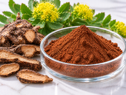 Rhodiola Rosea Extract reddish-brown powder in a glass dish with rhodiola roots and yellow flowers