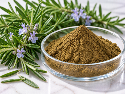 Rosemary Extract brown-green powder in a glass dish with fresh rosemary leaves and flowers