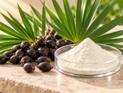 Saw Palmetto Extract powder in a glass dish with saw palmetto berries and green palm leaves
