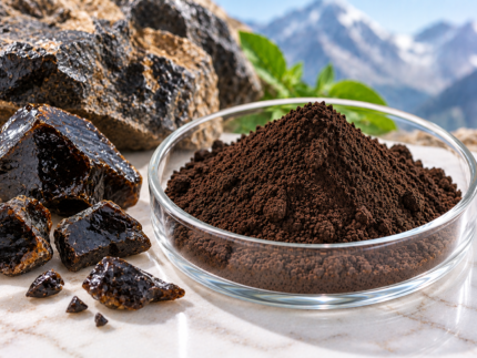 Shilajit Extract dark brown powder in a glass dish with black resin pieces and mountain background