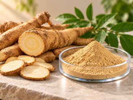 Tongkat Ali Extract powder in a glass dish with tongkat ali roots, sliced roots and green leaves