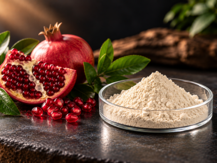 Urolithin A powder in a glass dish with fresh pomegranate and seeds