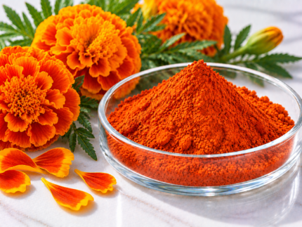Zeaxanthin orange-red powder in a glass dish with marigold flowers for dietary supplement formulations